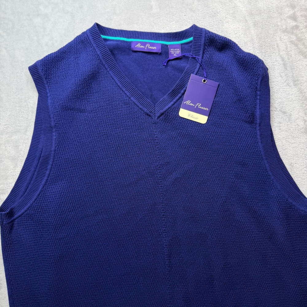 Alan Flusser Mens Classic V-Neck Sweater Vest Blue Textured Cotton XL NWT Preppy